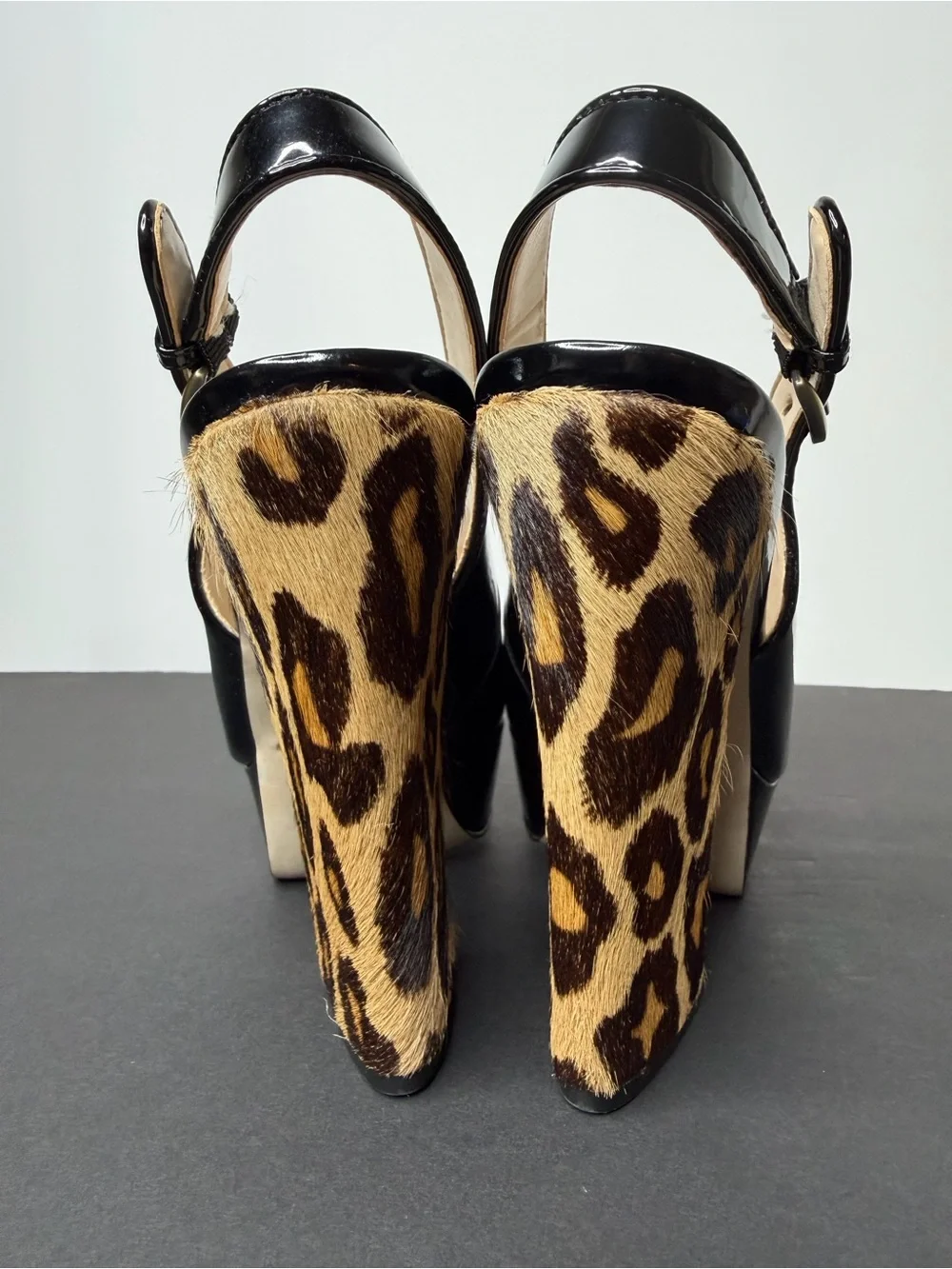 Black Patent Platform Slingback Heel with Leopard-Print Block Heel